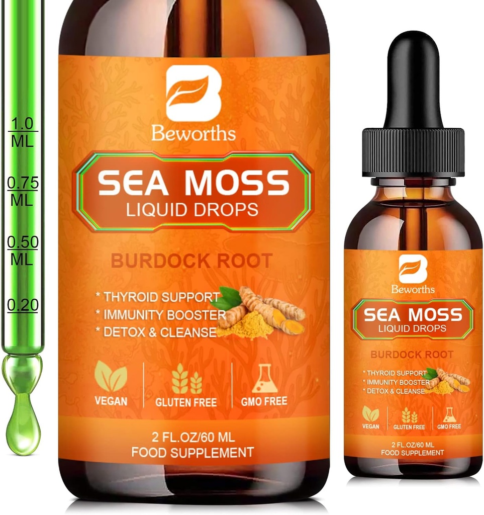 Sea Moss Liquid Drops - Organic Irish Sea Moss Raw Gel with Burdock Root, Tumeric, Spirulina, Seaweed Moss Gel Supplement for Gut Health & Antioxidant Supports - 2 Fl Oz