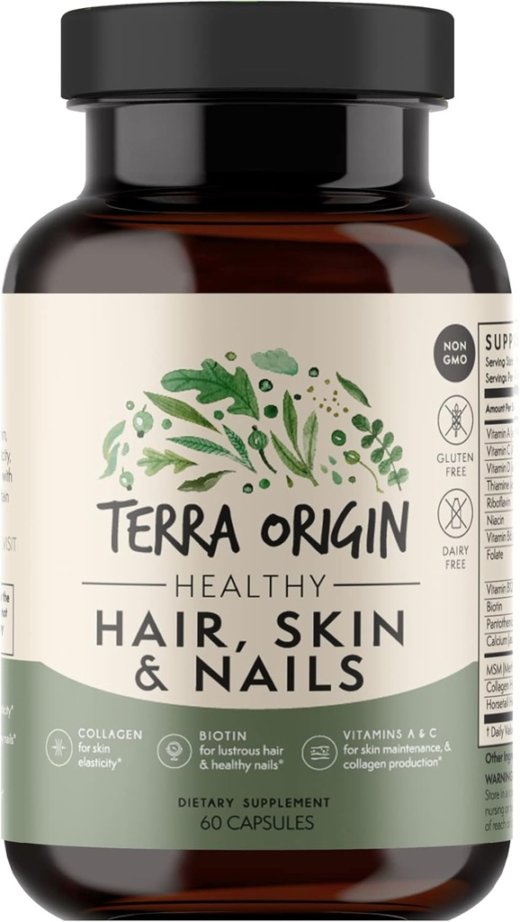 TERRA ORIGIN Sağlıklı Saç, Cilt ve Nails Tamam | Collagen, Biotin, Horsetail & B-Complex | Destekler Saç Güçlü, Skin Elasticity & Nail Büyüme | Kadınlar ve Erkekler için Vitaminler | 60 Capsules