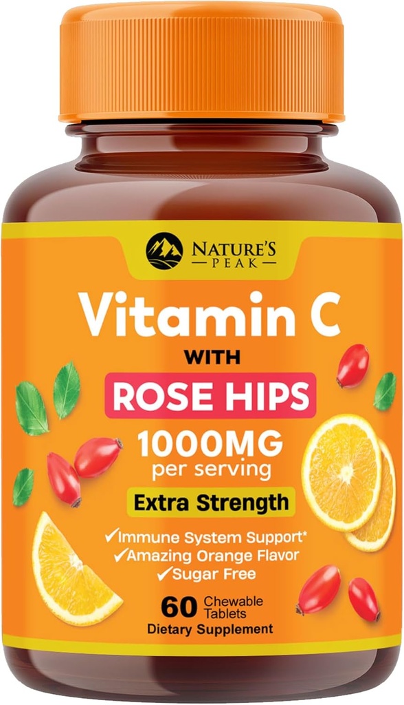 C 1000 mg Chewable Supplement - Ekstra Kuvvet Immune Support Vitamin C Diyetary Supplement with Rose HIPS, Nature's Vitamin Coxy Anti Support, Natural, Vegan, Orange Flavor - 60 Tabletler