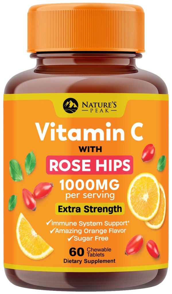 C 1000 mg Chewable Supplement - Ekstra Kuvvet Immune Support Vitamin C Diyetary Supplement with Rose HIPS, Nature's Vitamin Coxy Anti Support, Natural, Vegan, Orange Flavor - 60 Tabletler
