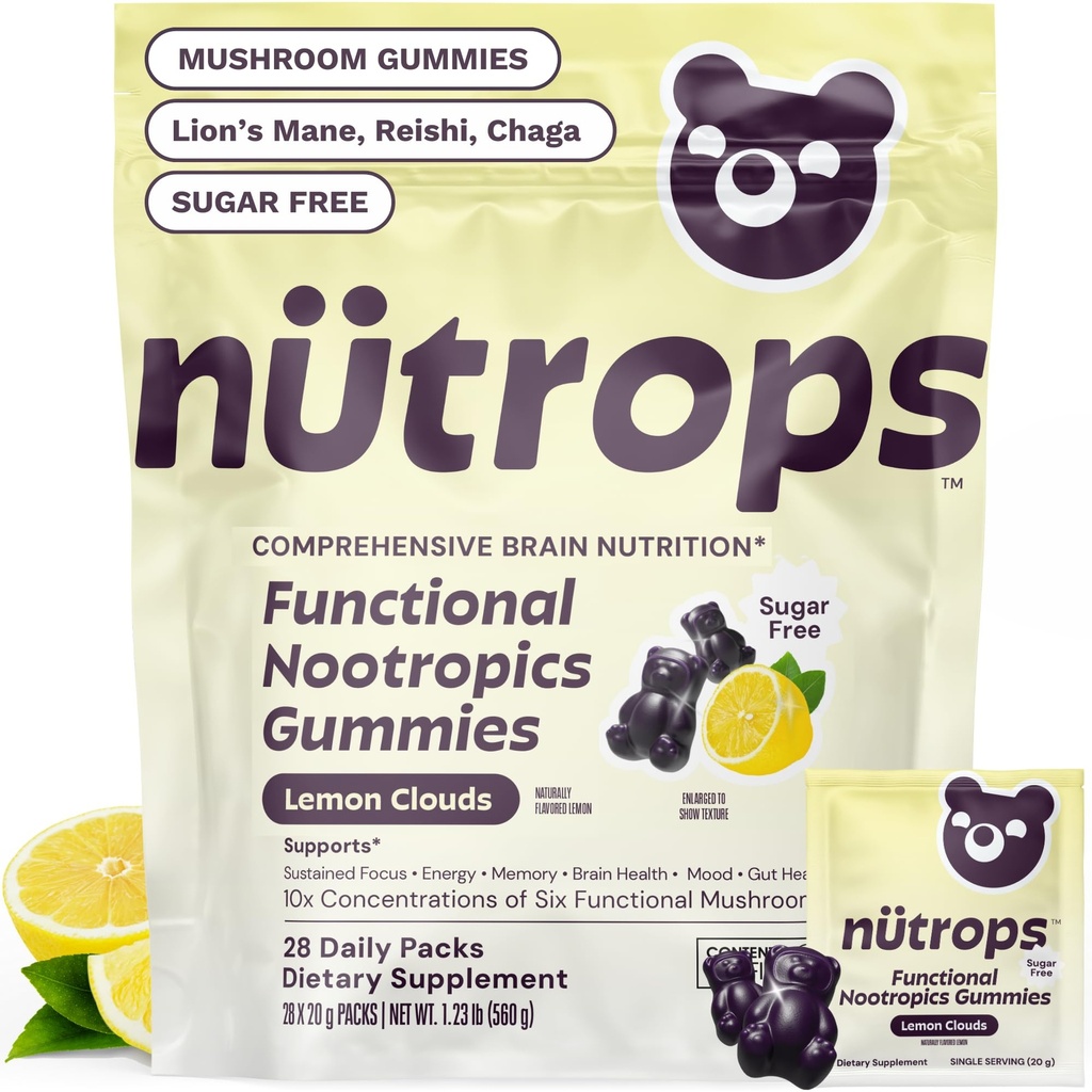 Nutrops Sugar-Free Lions Mane Mushroom Gummies για ενήλικες, Λειτουργική Nootropics, Βότανο συμπλήρωμα εγκεφάλου για την ενέργεια, την υγεία του εγκεφάλου, Γνωστική, μνήμη & εστίαση, Reishi, Chaga, Cordyceps - 28 Ημέρα προσφοράς