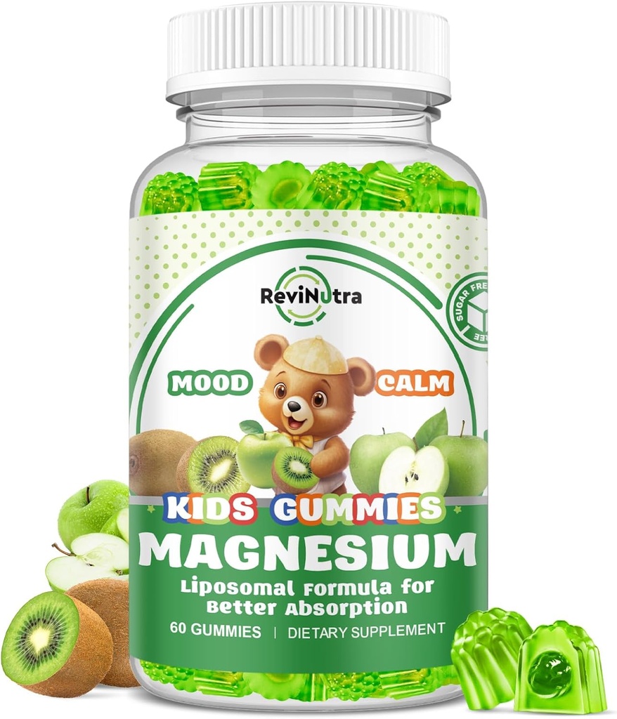 Liposomal Çocuklar Magnezyum Gummies- Glycinate Gummies for Kids Supplement-w/Omega-3, Vitamin B6, D3- Support Calm Stress Relief, Bones, Mood, Green Apple & Kiwi Flavor, 60 Count