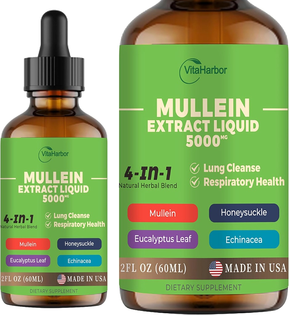 4-in-1 Mullein Drops for Lungs, Organic Mullein Leaf & Honeysuckle & Eucalyptus Leaf & Echinacea Extracts, For Lung Cleanse, Immune & Respiratory Support, Sugar-Free | Non-GMO | Vegan, 2 Fl oz