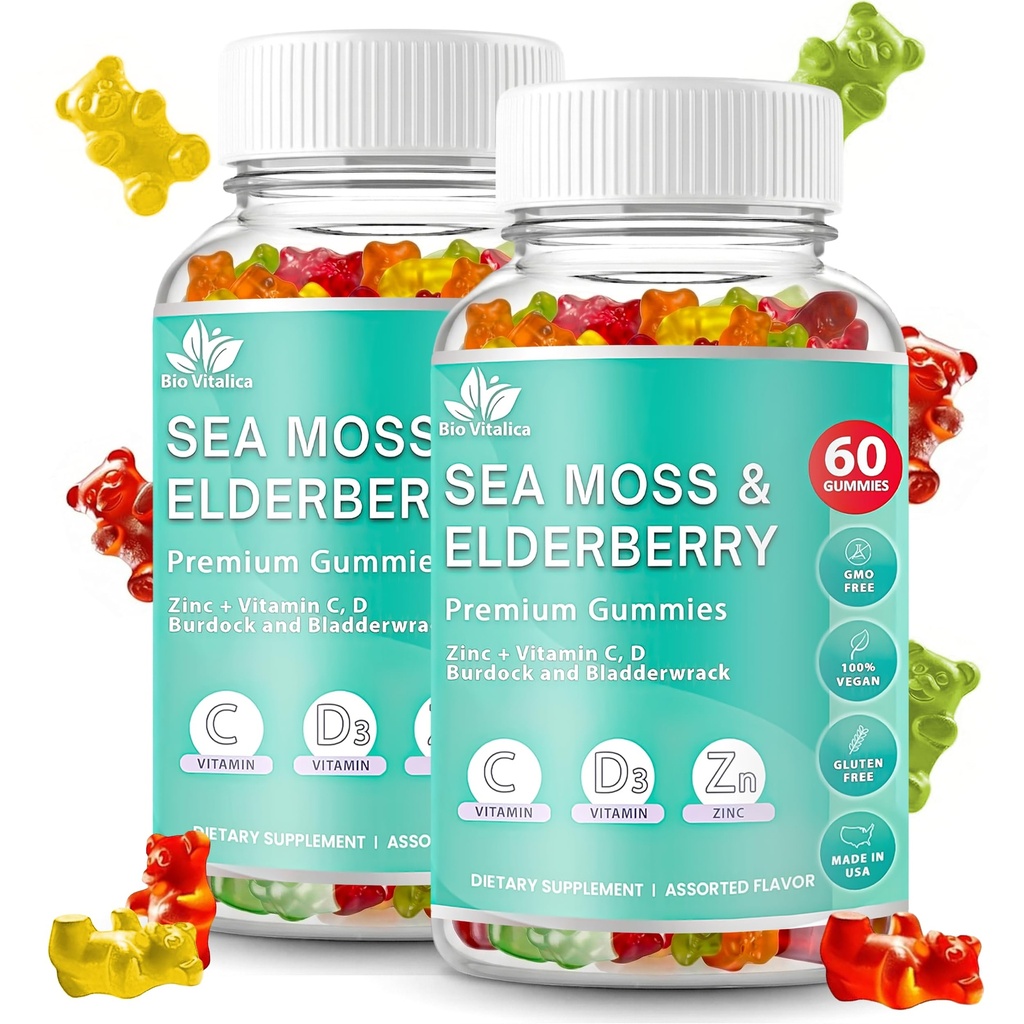 BIO VITALICA Sea Moss Gummies Elderberry BioVitalica - Βιταμίνη C D + Ψευδάργυρος - Irish Seamoss Vegan Gummy με Sea Moss Gel & Powder για Ασυλία, Detox - για Ενήλικες και Παιδιά (2Packs)