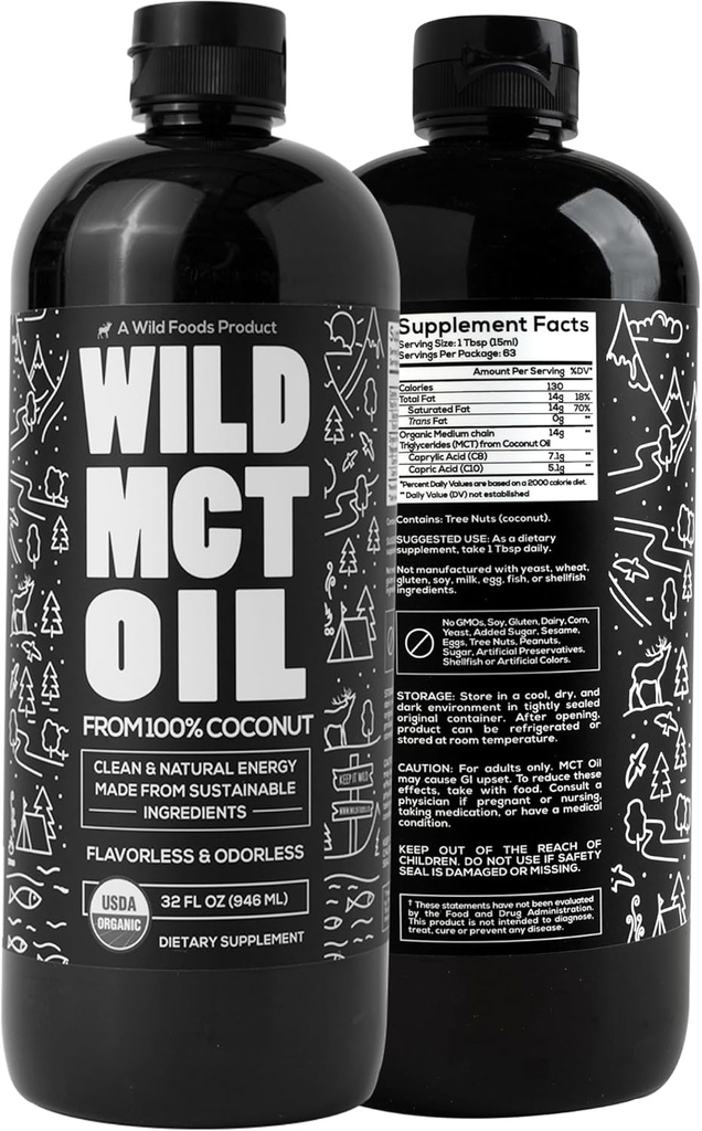 Wild MCT Oil Organic Coconut - 32 fl oz -% 100 Doğal Piramit - Flavorless & Odorless C10/C8 MCT Enerji ve Bilişsel Destek için Petrol - Keto-Friendly – Kahve, Shakes & Tarifler için Mükemmel