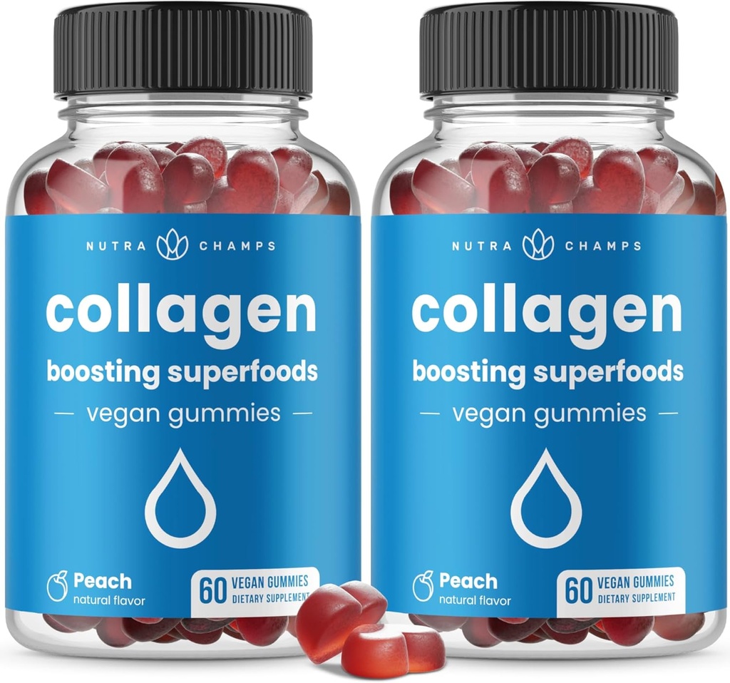 NutraChamps Collagen Boosting Gummies, Collagen Branson Gummy for Natural Collagen Production, Vegan Pectin Supplements Chews for Women & Men, 60 Peach Gummies (Pack of 2)
