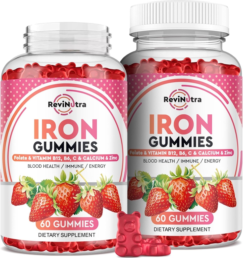 İronik Gummies -bao, çinko, Folate & Vitamin B12, C, B6 Yetişkinler ve Çocuklar için - Kan Builder & Enerji Desteği, Biremi, Vegan - 2 Pack Strawberry Flavour,60 Gummies