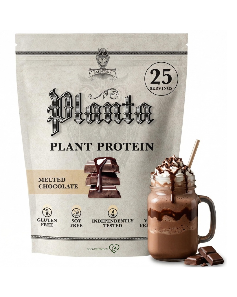 Ambrosia Planta - Premium Plant-Based Protein | Vegan & Keto Friendly | Gurating or Stomach Upset | Gluten & Soy Free | Nodrew Sugar | 25 Servisler | Melted Chocolate
