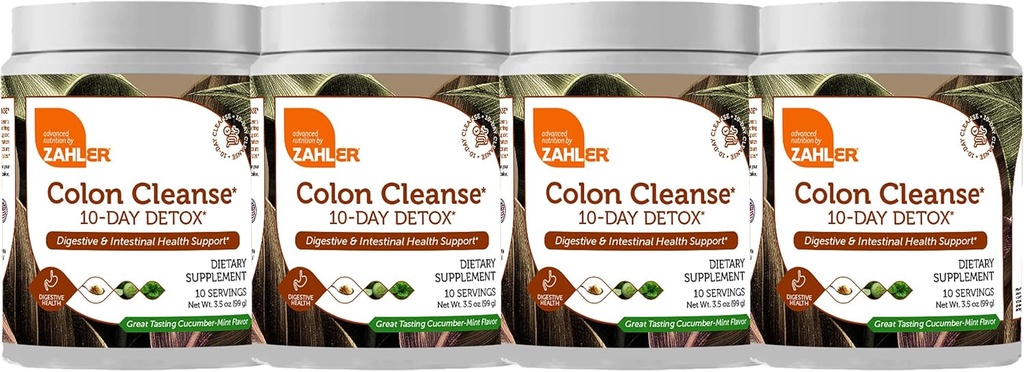 Zahler Koloni 10 Günlük Detox Cleanse - Cucumber Mint Flavor - Herbal Digestive Wellness - Colon Cleanser & Detox for Bowel Movement, Body Detox, Digestion Aid for Women and Men - 3.5 oz (4 Pack)