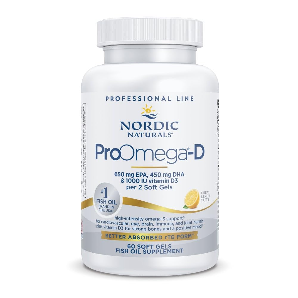 Nordic Naturals ProOmega-D, Limon Flavor - 60 Soft Gels - 1280 mg Omega-3 + 1000 IU D3 - Yüksek Yeterli Balık Petrol - EPA & DHA - Beyin, Eye, Heart, & Immune Health - Non-GMO - 30 Servisler