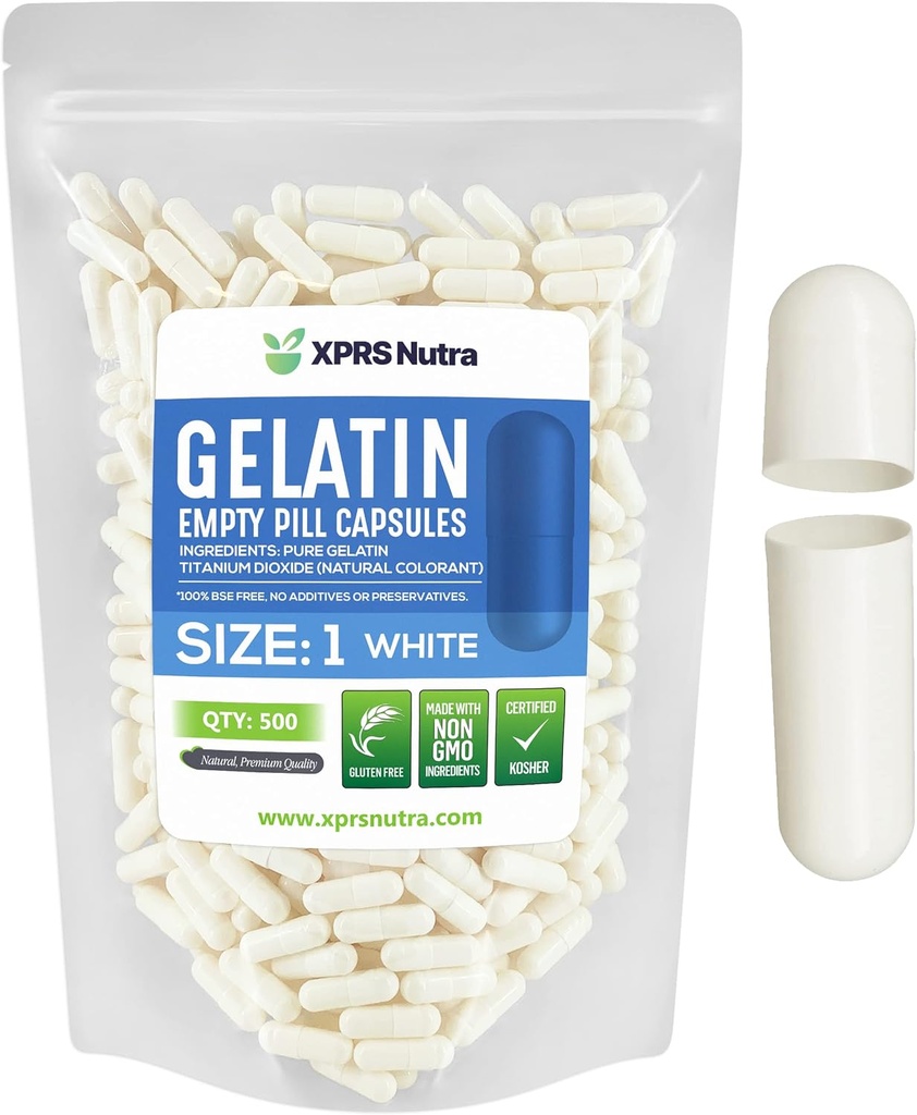 XPRS Nutra Μέγεθος 1 Κενές κάψουλες - 500 Count Empty Gelatin Κάψουλες - Χάπια DIY Καψάκιο Γέμισμα - Pure Bovine Pill Gel Caps for Do-It-Yourself Συμπληρώματα (White)