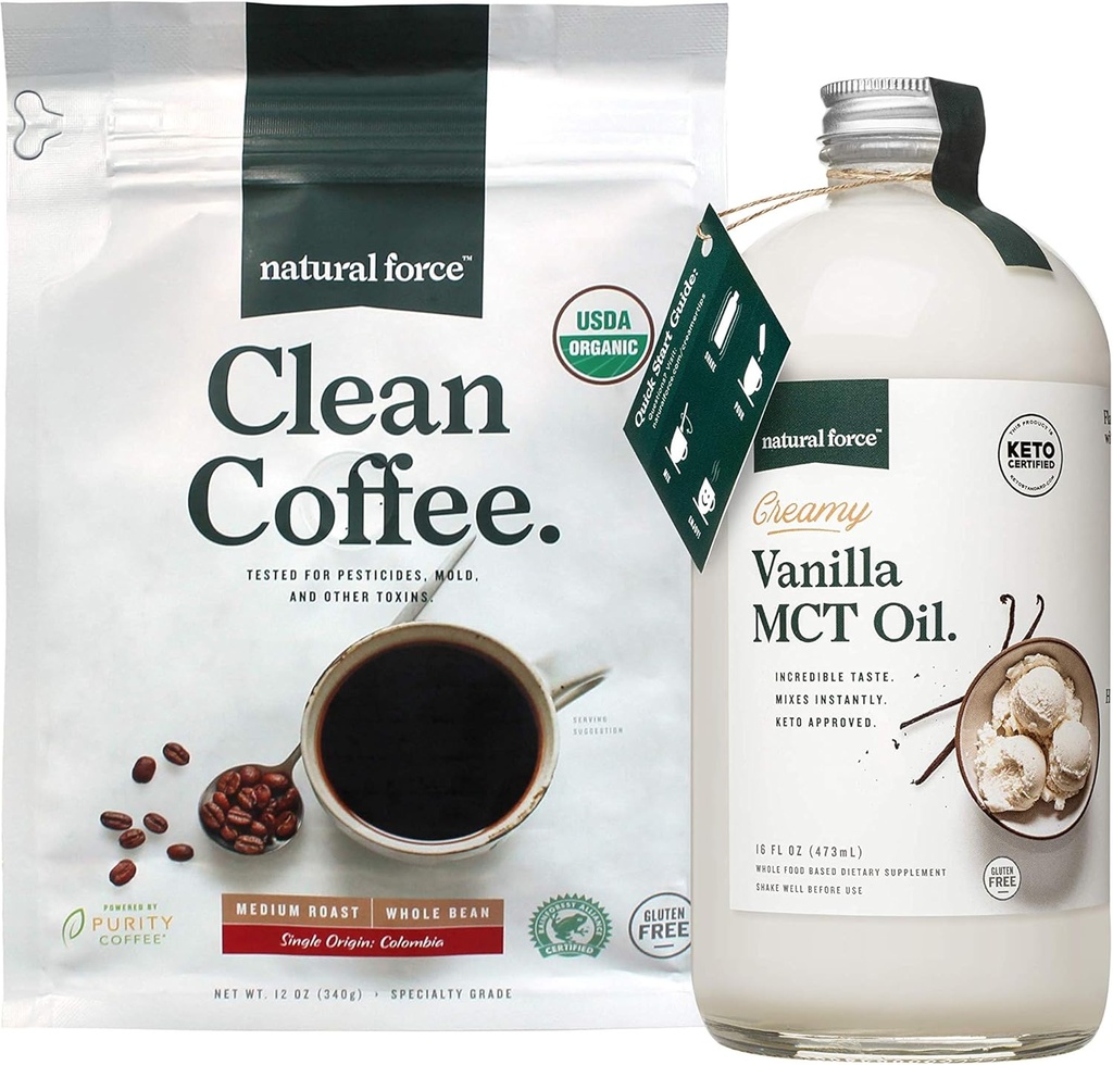 Doğal Kuvvet Organik Temiz Kahve + Kremy Vanilla MCT Oil Sche – Flavored MCT Creamer & Moldova Free Coffee – Non-GMO, DW, ve Vegan - 12 Oz Bag ve 16 Oz Glass Şişe Şişe Şişe