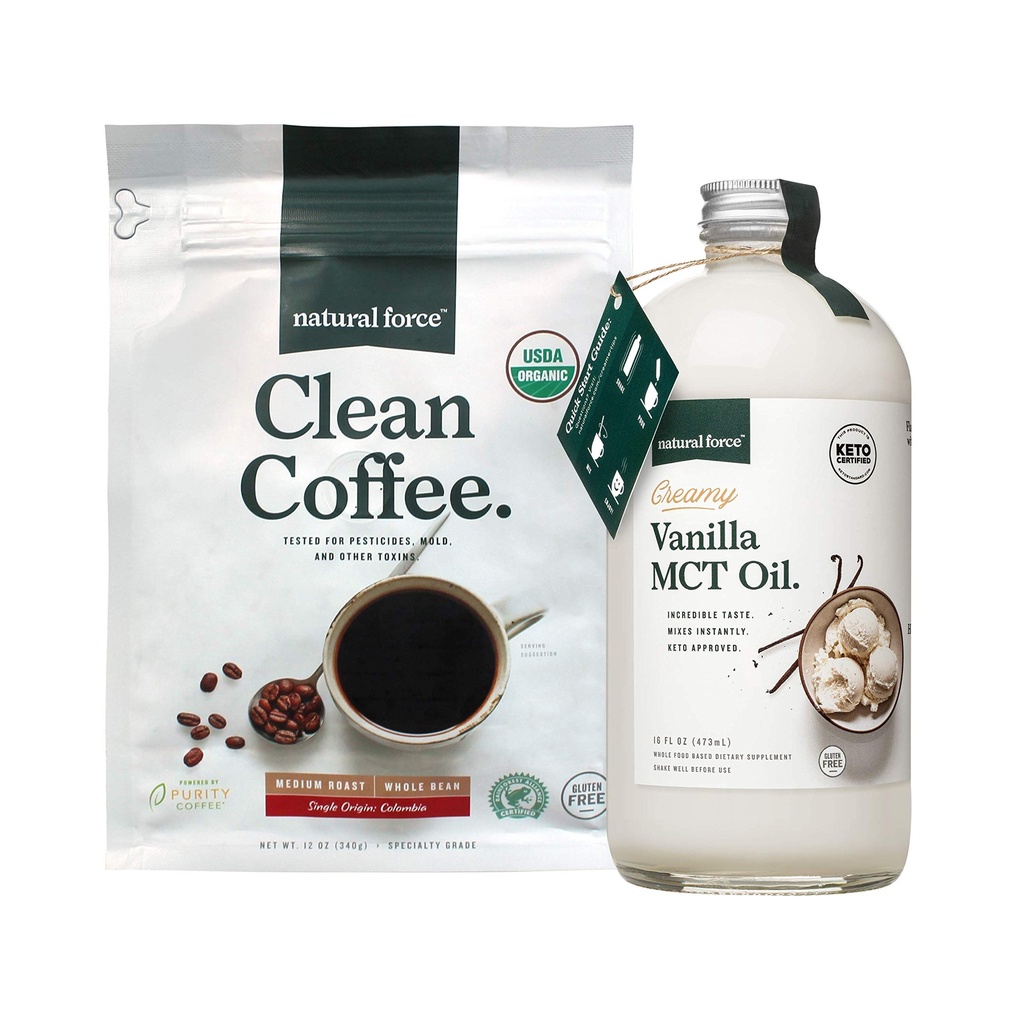 Doğal Kuvvet Organik Temiz Kahve + Kremy Vanilla MCT Oil Sche – Flavored MCT Creamer & Moldova Free Coffee – Non-GMO, DW, ve Vegan - 12 Oz Bag ve 16 Oz Glass Şişe Şişe Şişe