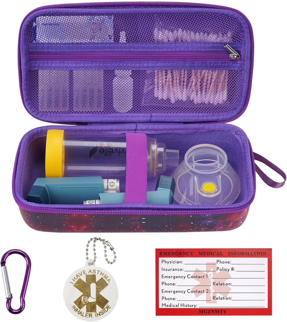 MGZNMTY Seyahat Yetişkin ve Çocuklar için Asthma Inhaler Spacer ile Uyumlu Vakayı Gerçekleştirmek, Maskeler, Inhalerlen Asthma Alert Tag ve Medical Card, Carabiner (Sadece Case) (Galaxy)