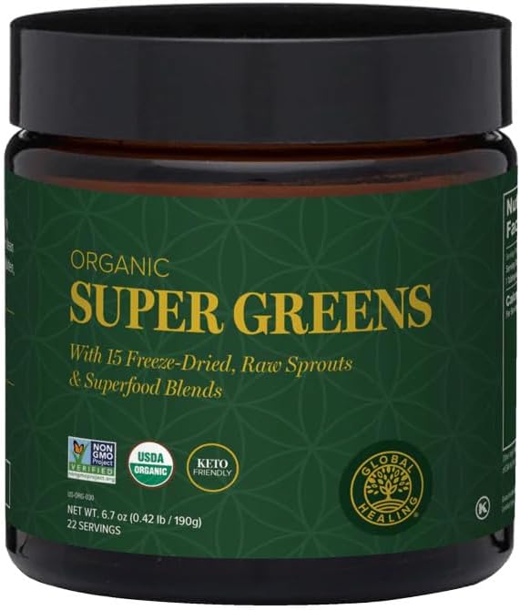Global Healing Organic Super Greens Toz Toplantısı - Greens Superfood Toz 15 Raw Whole Sprouts - Günlük Beslenme için Yeşil Suyu Sertleştirmek - Gluten-Free Greens Supplements Superfood Toz