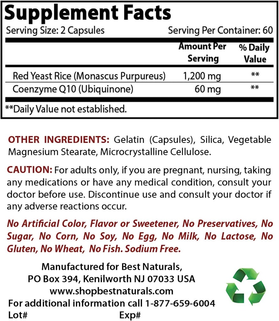 Best Naturals Red Yeast Rice με CoQ10 & Νιασίνη 500 mg