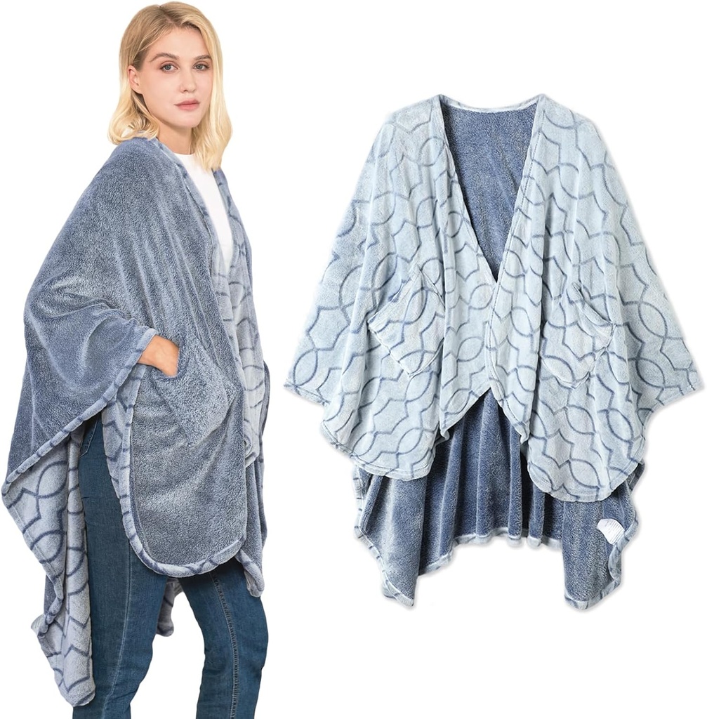 Bcareself Double-Sided Wearable Blanket Ultra Soft Flannel Shawl Blanket, Reversible Blanket,with Pockets, for Women and Men
