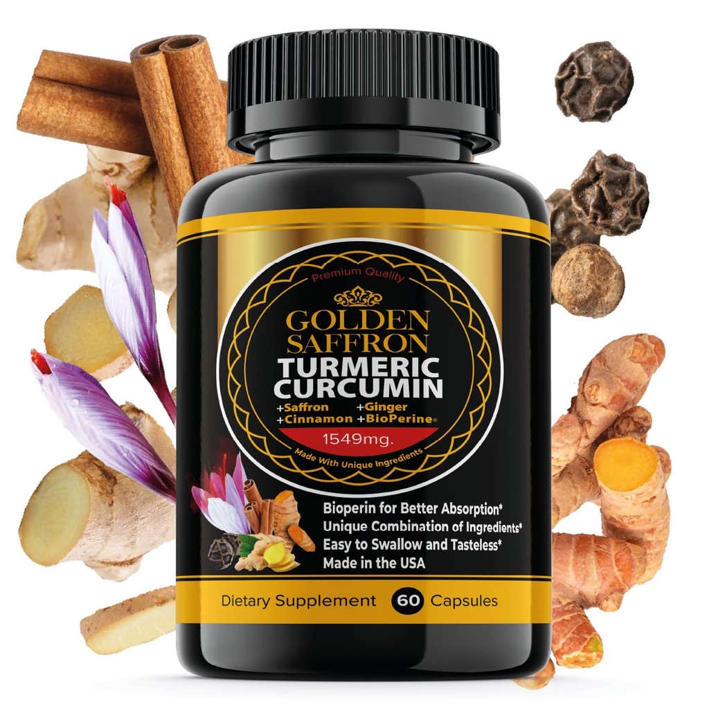 GOLDEN SAFFRON Turmeric Curcumin Supplement with Bioperine, Saffron, Cinnamon ve Ginger - High Potency, Non-GMO, Gluten-Free Supplement for a Better effectiveness. Made in USA