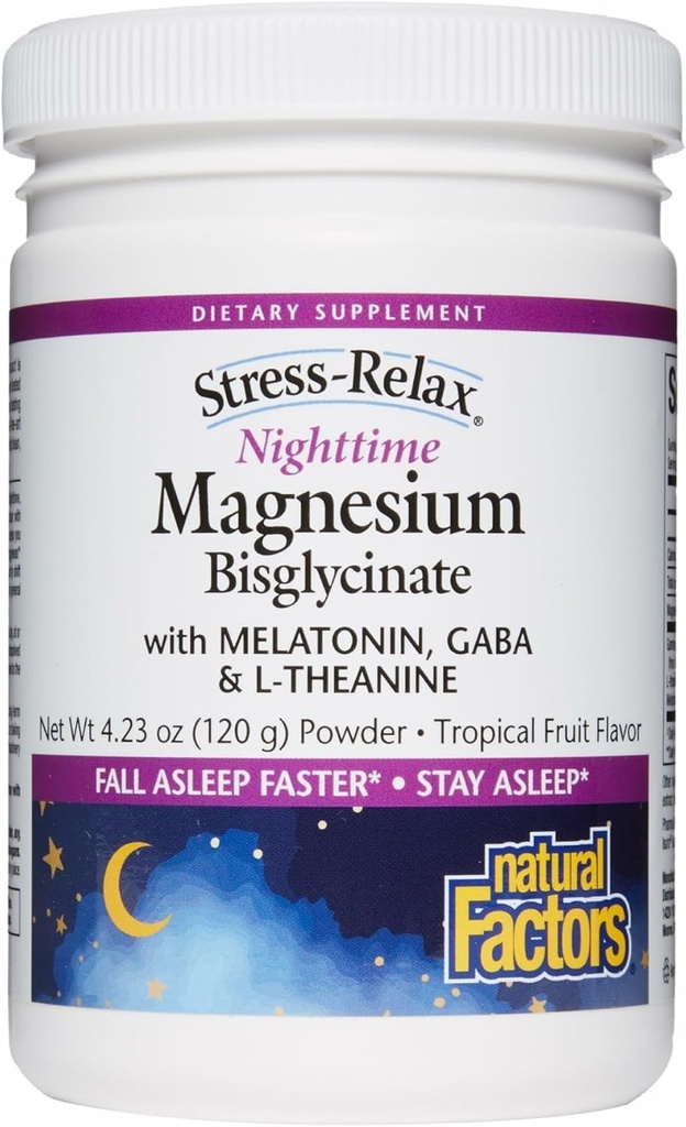 Doğal Faktörler Stres-Relax Nighttimetime Magnezyum Bisglycinate - Destekler Uyku ve Rahatlama* - Melatonin, L-Theanine & GABA - Tropikal Flavor - 4.23 ozz