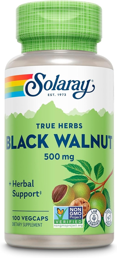 SOLARAY Black Walnut 500 mg - Ολόκληρη Hull - Traditional Herbal Support Formula - Μη ΓΤΟ Επαληθευμένο, Vegan, Lab Επαληθευμένο - Εγγύηση 60 ημερών - 100 Μερίδες, 100 VegCaps