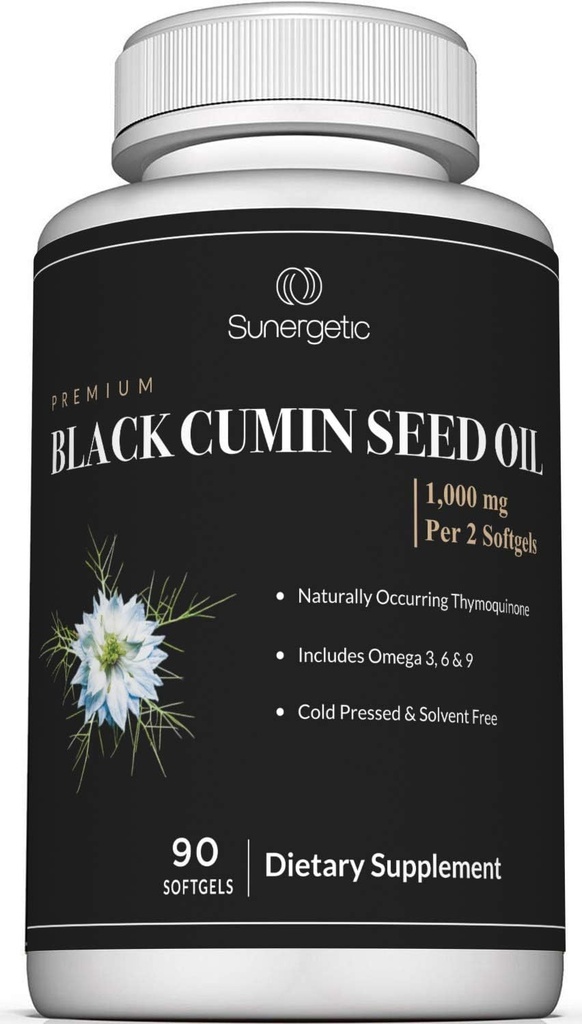 Sunergetic Premium Black Cumin Seed Oil Softgels – 1.000mg Black Seed Oil Per Serving – Non GMO Cold Pressed Nigella Sativa – Περιλαμβάνει Thymoquinone & Omega’s - 90 Softgels
