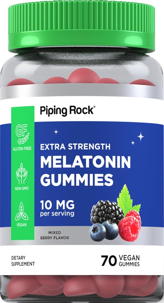 Piping Rock Melatonin Gummies 10mg | 70 Vegan Yetişkin Gummies | Berry Flavor | Non-GMO, Gluten Free