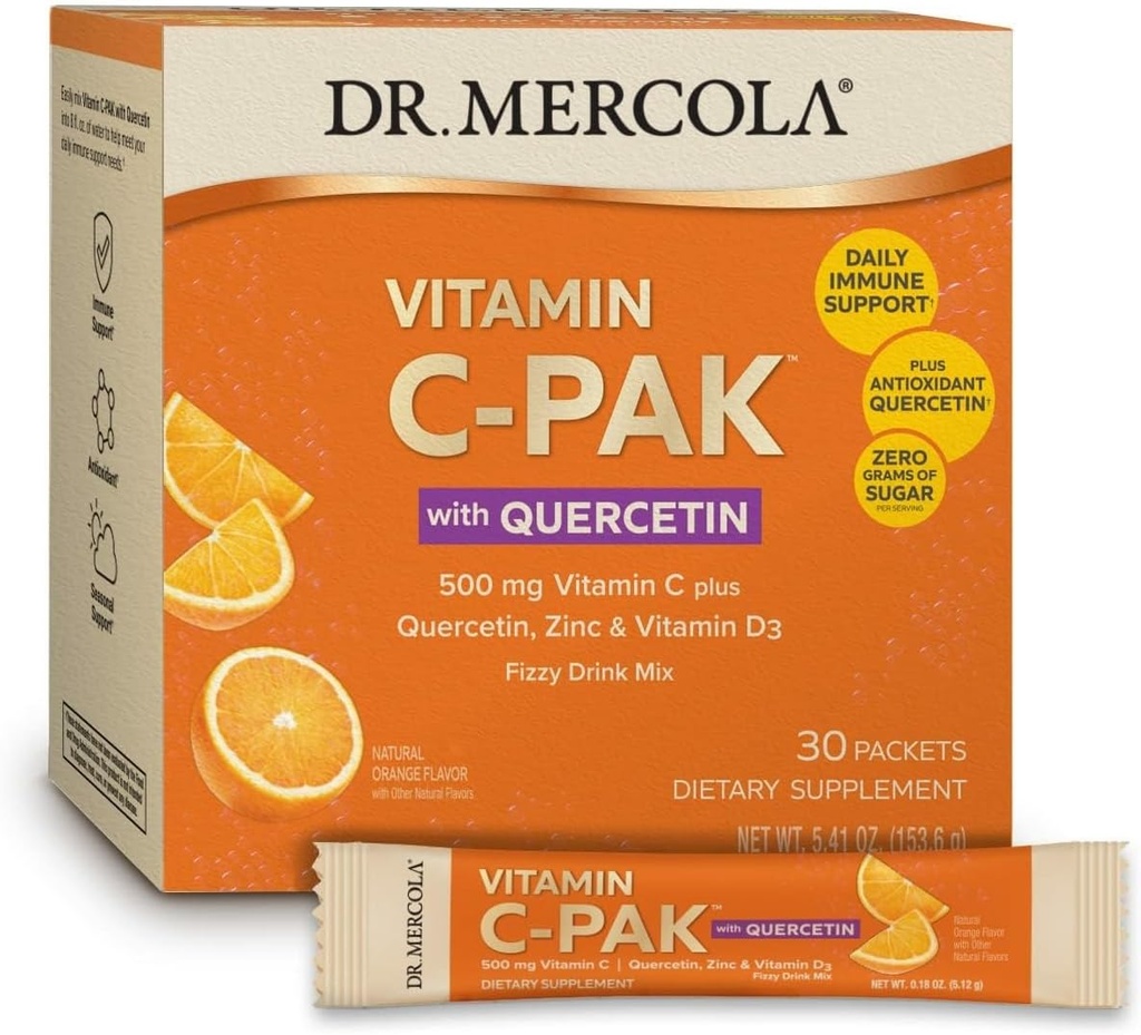 Dr. Mercola Vitamin C-PAK ile Quercetin - Daily Immune Support Drink - çinko & D3 Cool - Gluten-Free - Effervescent Orange Flavor - 30 Packets