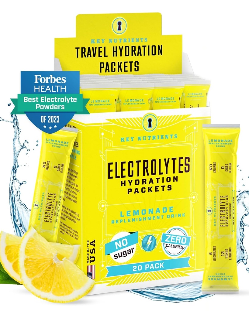 KEY NUTRIENTS Electrolytes Toz Paketleri - Lemonade 20 Pack Hydration Packets - Travel Hydration Toz - No Sugar, No Calories, Gluten Free - Made in USA