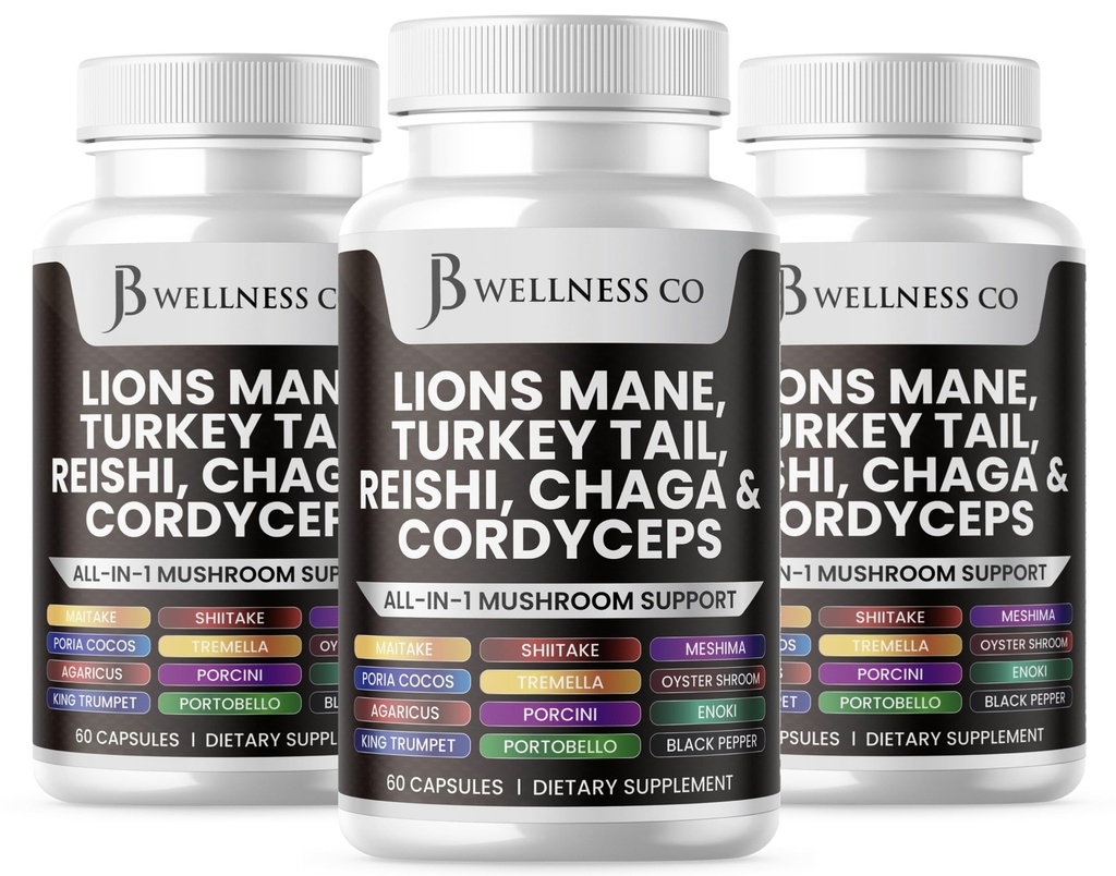 Lions Mane Supplement Cognitive Support, Immune Health with Turkey Tail 20in1 Mushroom Reishi Cordyceps Chaga with Marshm Root - Count180