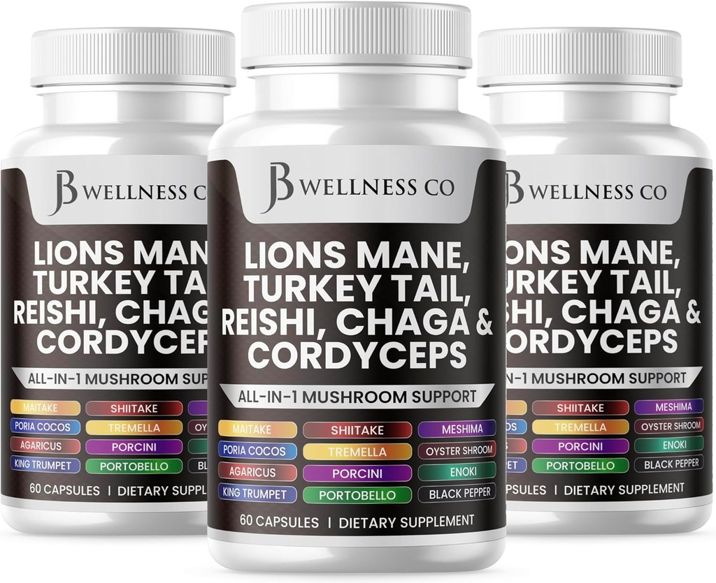 Lions Mane Supplement Cognitive Support, Immune Health with Turkey Tail 20in1 Mushroom Reishi Cordyceps Chaga with Marshm Root - Count180