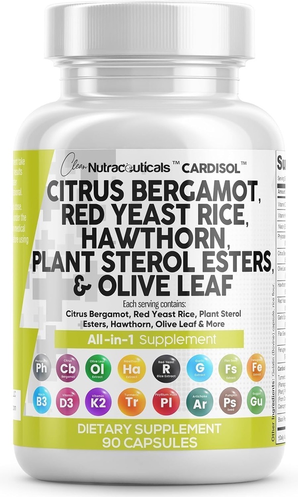 Citrus Bergamot Red Yeast Κάψουλες ρυζιού με φυτικές στερόλες - με εκχύλισμα Hawthorn Olive Leaf Niacin Vitamin K3 D3 COQ10 Guggul & More
