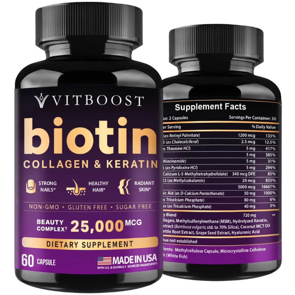 VITBOOST Biotin, Hyaluronic Acid, Collagen ve Keratin – Erkekler ve Kadınlar için 25000 mcg Saç Büyüme Vitaminleri - Nails ve Skin, ABD Made - Third Party Tested, B1, B2, B3, B6, B7 Kompleks - 60 Capsules