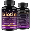 VITBOOST Biotin, Hyaluronic Acid, Collagen ve Keratin – Erkekler ve Kadınlar için 25000 mcg Saç Büyüme Vitaminleri - Nails ve Skin, ABD Made - Third Party Tested, B1, B2, B3, B6, B7 Kompleks - 60 Capsules