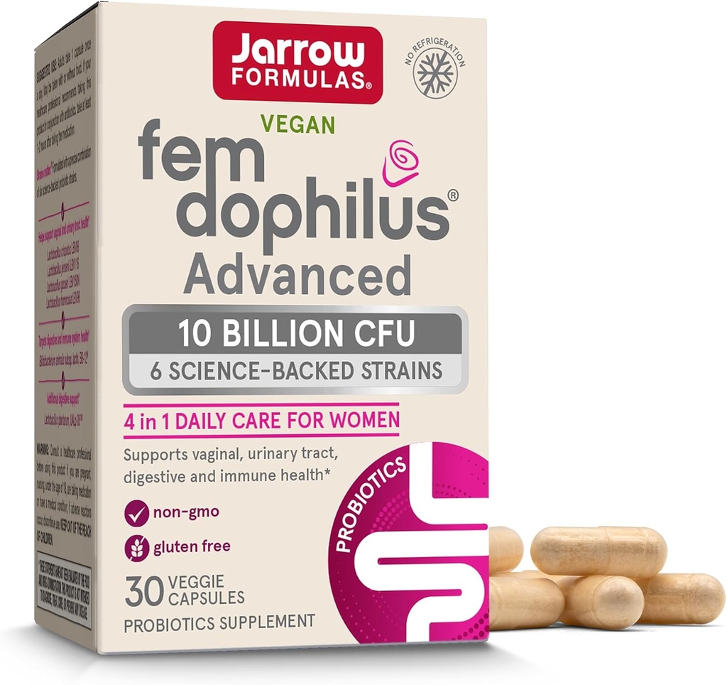 Jarrow Formulas Fem-Dophilus Advanced Κολπικά & Digestive Προβιοτικά 10 δισεκατομμύρια CFU Με 6 Κλινικά Σπουδασμένα Στελέχη, για Κολπική, Ουροεγκεφαλική, Επιπεφυκτική & Ανοσολογική Υποστήριξη, 30 Καψάκια, Shelfυθμιζόμενη