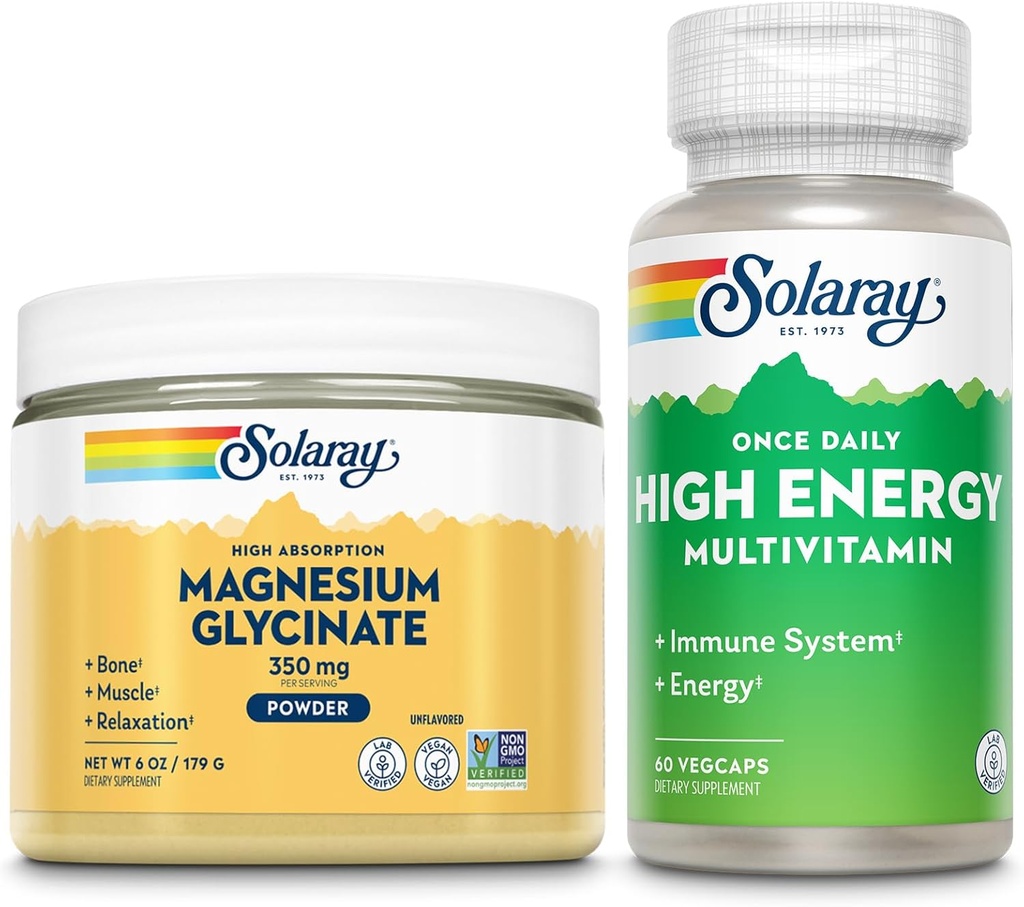 SOLARAY Magnezyum Glycinate Toz 350 mg ve High Energy Multivitamin Sche - Chelated Magnezyum ve Once Daily Multi - Bone Health, Muscle, Heart and Immune Support, 60-Day Garanti, 6oz / 60