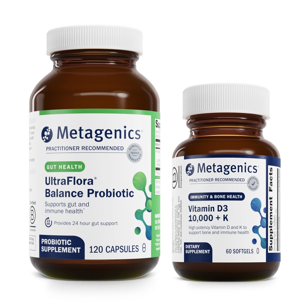 Μεταγονική Bundle - UltraFlora Balance & D3 10.000 + K - 120 Κάψουλες UltraFlora Balance for Digestive Health - 60 Softgels of D3 10.000 + K για Ανοσολογική Υποστήριξη, Υγεία των οστών & Υγεία της καρδιάς