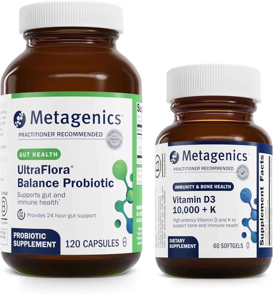 Μεταγονική Bundle - UltraFlora Balance & D3 10.000 + K - 120 Κάψουλες UltraFlora Balance for Digestive Health - 60 Softgels of D3 10.000 + K για Ανοσολογική Υποστήριξη, Υγεία των οστών & Υγεία της καρδιάς