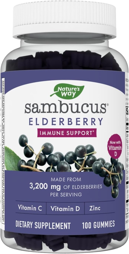 Nature's Way Sambucus Elderberry Gummies - Immune Support Supplement for Kids & Yetişkinler* - Vitaminler C, D3, çinko & Antioksit Desteği * - Gluten Free & Vegetarian - 100 Gummies