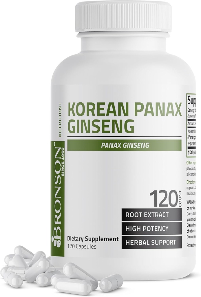 Bronson Korean Panax Ginseng υποστηρίζει την ενέργεια, την αντοχή και τη ζωτικότητα + μνήμη και ψυχική απόδοση, 120 κάψουλες