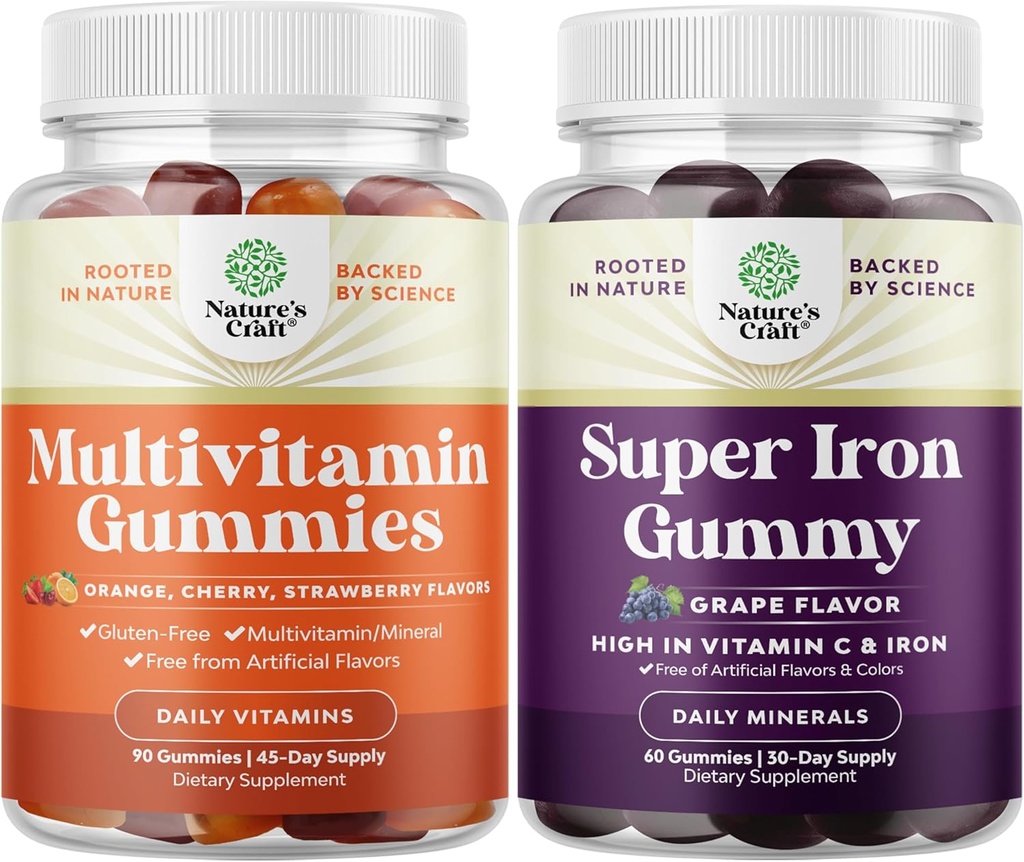 Δέσμη πολυβιταμίνης Gummy με B12 Βιοτίνη με ψευδάργυρο & βιταμίνη D και επιπλέον δύναμη Iron Gummies για γυναίκες και άνδρες - Ισχυρό 45mg ανά σερβίρισμα Chewable Iron Supplement για γυναίκες και άνδρες με Vit C