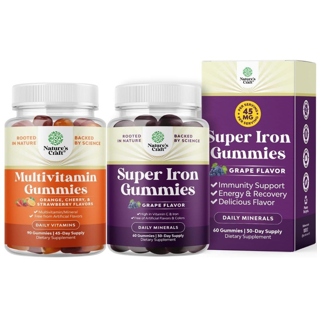 B12 Biotin ile Çokvitamin Gummy ve Kadınlar ve Erkekler için D ve Ekstra Güç Demir Gummies - Vit C C ile Kadınlar ve Erkekler için Chewable Iron Supplement'e hizmet eden 45 mg