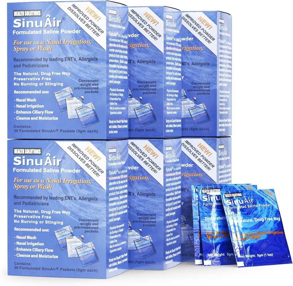 SinuAir Sinus Rinse Salt Solution - Saline Powder for SinuPulse System, Neti Pot Flush, Nasal Wash Squeeze Bottle, & Nose Irigation, Enhanced Formulation & Cleaning for Sinuses, 180 Packets