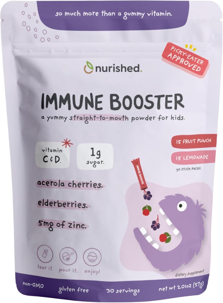 Παιδιά Ανοσοποιητικό Αναμνηστικό με Elderberry, Acerola Cherry, Ψευδάργυρος, Βιταμίνες C & D - Straight-to-Mouth Powder - 30 Μερίδες - 2 Γεύσεις