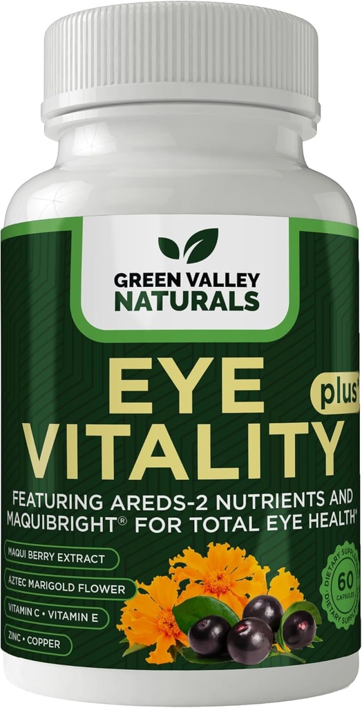 GREEN VALLEY NATURALS Eye Vitality Plus Supplement, με Areds-2 Nutrients, Maquibright, Marigold Flower, Βιταμίνες C & E, Ψευδάργυρος, Χαλκός, 60 κάψουλες (1)
