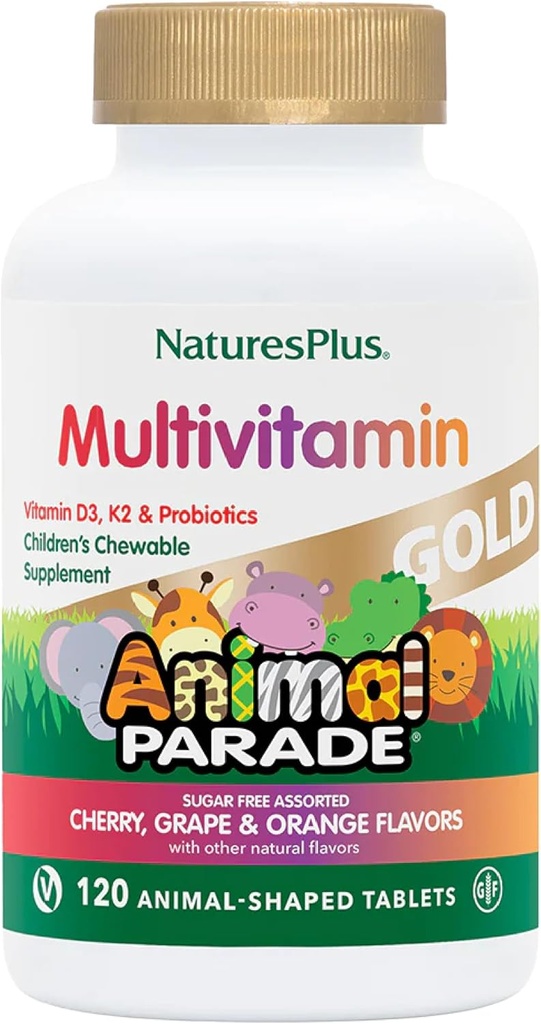 NaturesPlus Ζωική Παρέλαση Χρυσό Παιδική Πολυβιταμίνη - Ποικιλόμορφο Κεράσι, Πορτοκαλί & Γεύσεις Σταφυλιού - 120 Ζωικά Μασώμενα Δισκία, Συσκευασία 3 - Vegan, Χωρίς Γλουτένη - 180 Σύνολο Σερβιέτες