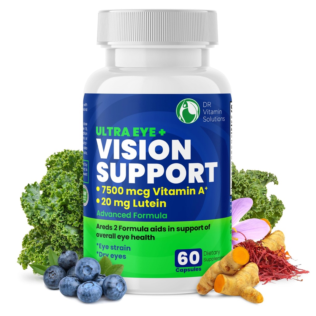 DR VITAMIN SOLUTIONS Vision Support Eye Vitamins for Macular Health | Supplements with Lutein, çinko, Vitamin A & Bilberry | Areds 2 Formula for Red & Kuru Eyes, Sight Care (1 Şişe, 60 Capsules)