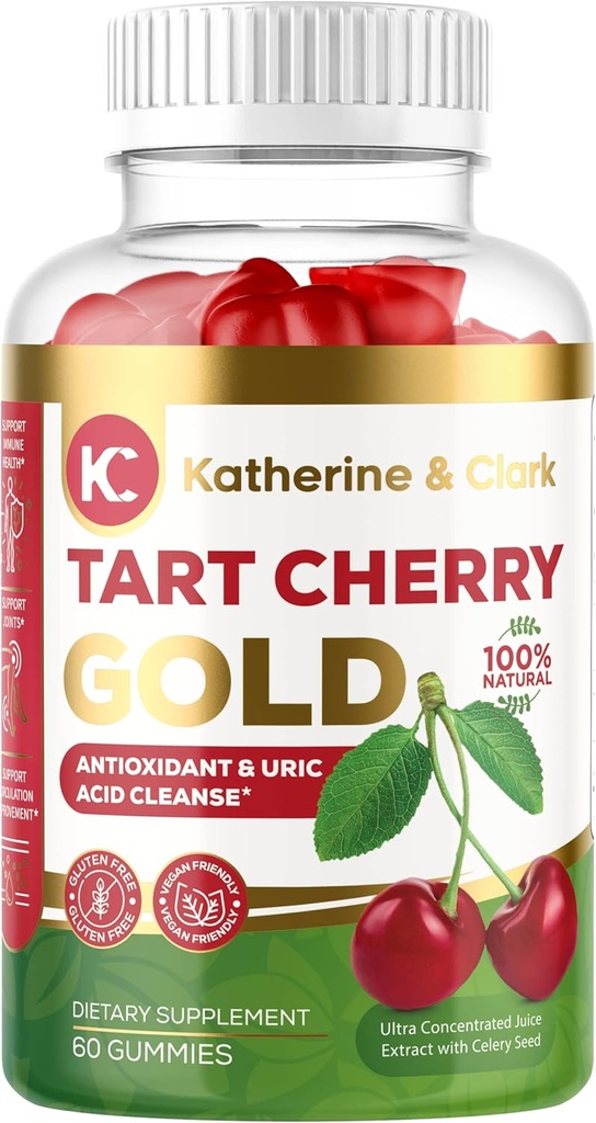 Katherine & Clark Tart Cherry Gold Montmorency Gummies - Tart Cherry Extract Gummies with Celery Seed - Ortak Yardıma Yardımcı Olmak için Sağlıklı Uric Asit Seviyeleri - Amerika'da Yapılan Vegan - 60 Kont