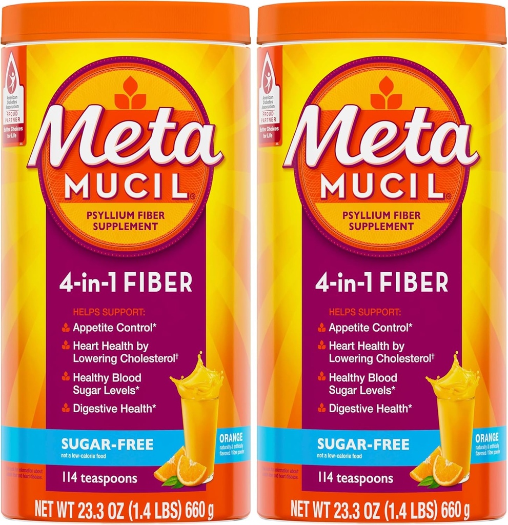 Metamucil, Daily Psyllium Husk Toz Supplement, Sugar-Free Toz, Digestive Health için 4-in-1 Fiber, Orange Flavored Drink, 114 tatlı kaşığı, 1.4 Pound (Pack of 2)