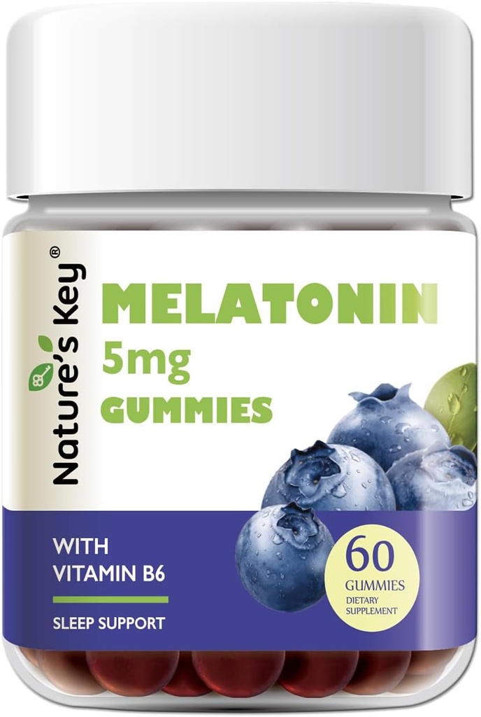 Nature's Key Melatonin Gummies for Kids & Yetişkinler, 5 mg Dose Gummy with Vitamin B6, Non-GMO,Gluten-Free- Natural Blueberry Flavor 60 Count