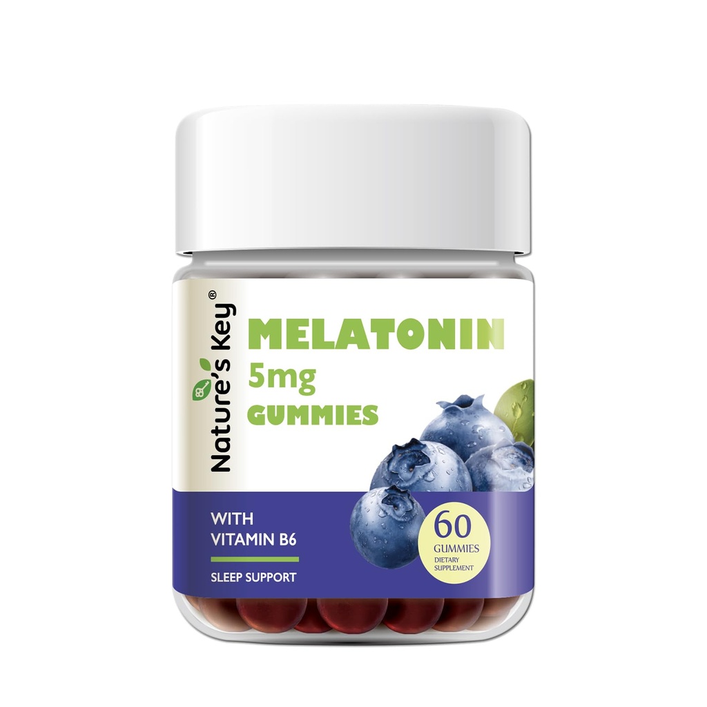 Nature's Key Melatonin Gummies for Kids & Yetişkinler, 5 mg Dose Gummy with Vitamin B6, Non-GMO,Gluten-Free- Natural Blueberry Flavor 60 Count